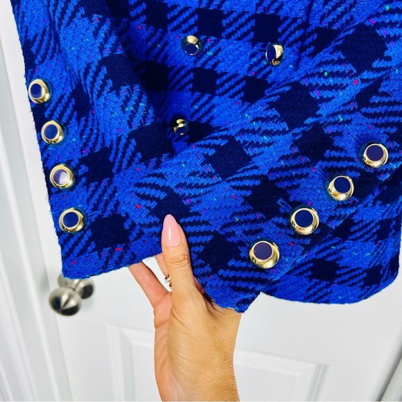 VTG Escada by Margaretha Ley Blue Checked Flecked Wool Double Breasted Blazer 10 - Picture 10 of 14